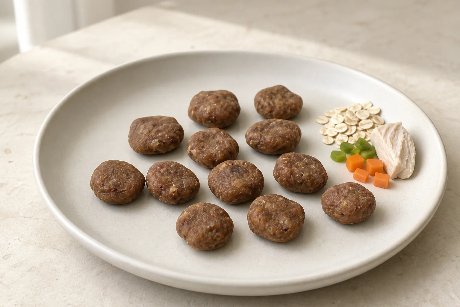 鸡肉燕麦菌蔬四喜小圆产品形态示意