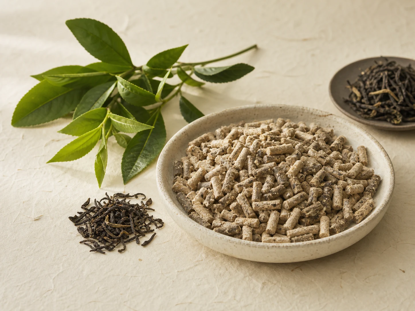 茶叶与植物纤维猫砂颗粒原料静物